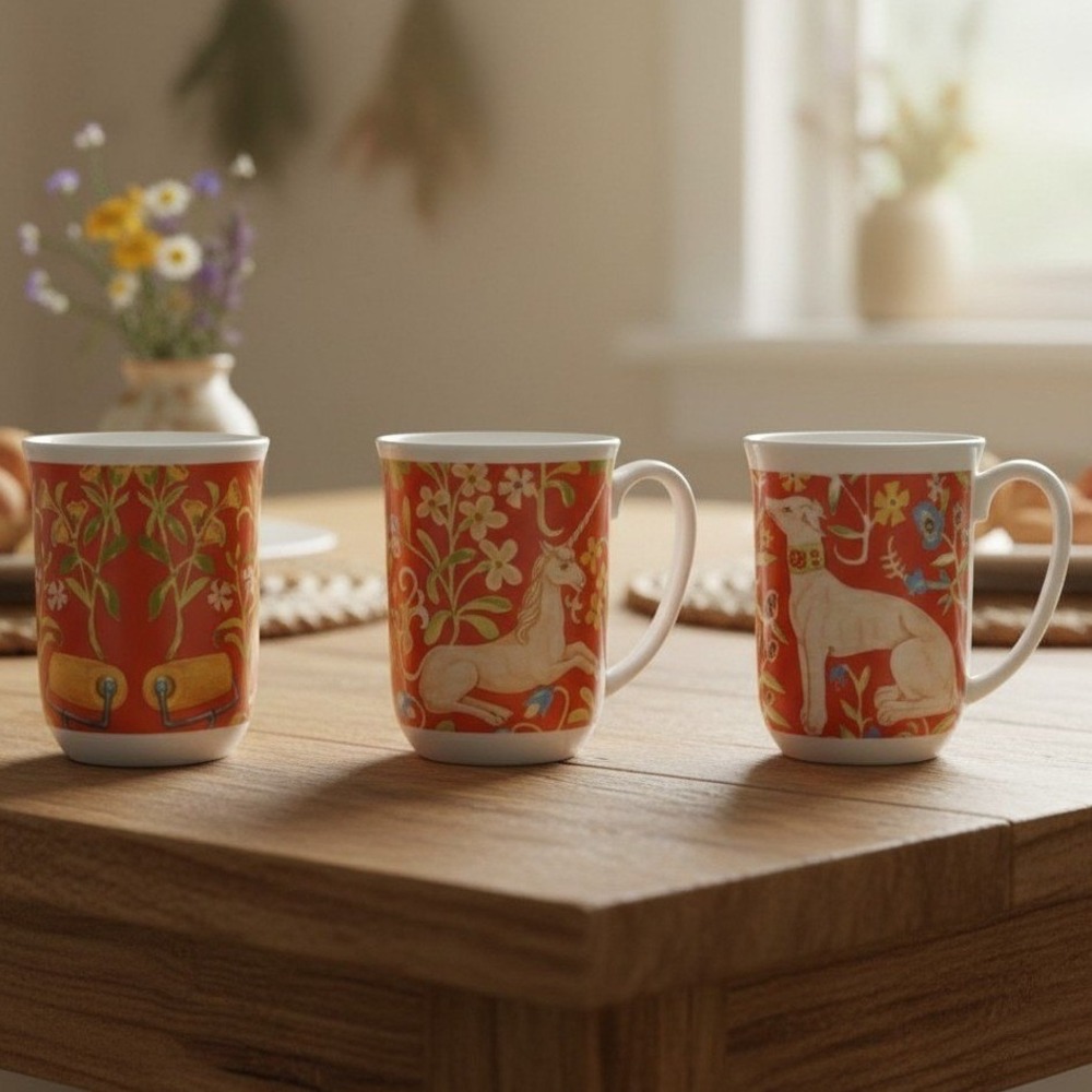 Seymour Mann Flemish Tapestry Hunt Mugs, Set of 3, Dog Monkey Unicorn Drinkware